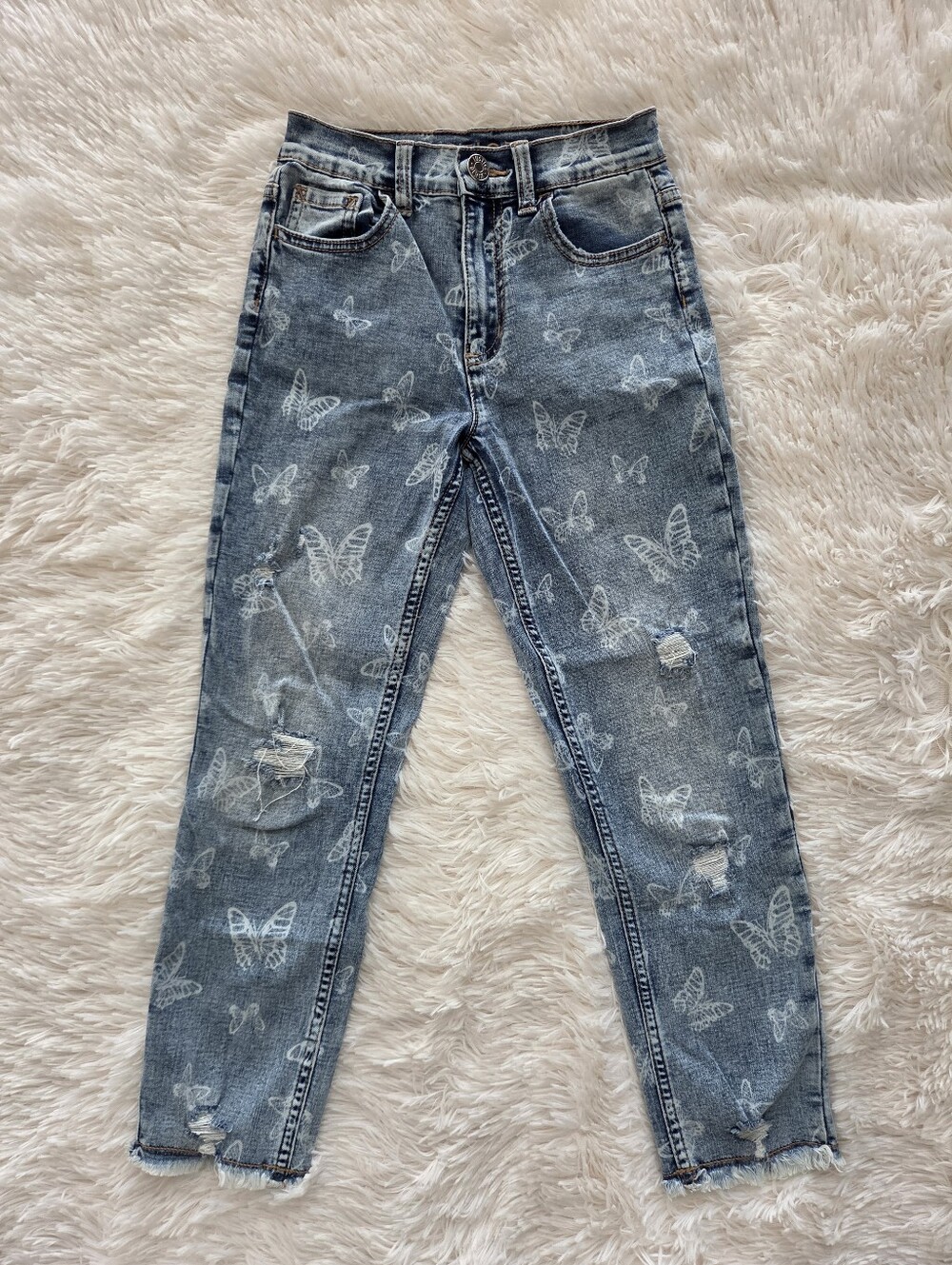 Justice Medium Wash Butterfly Print Mini Mom Distressed Jeans Girls Size 12 Slim